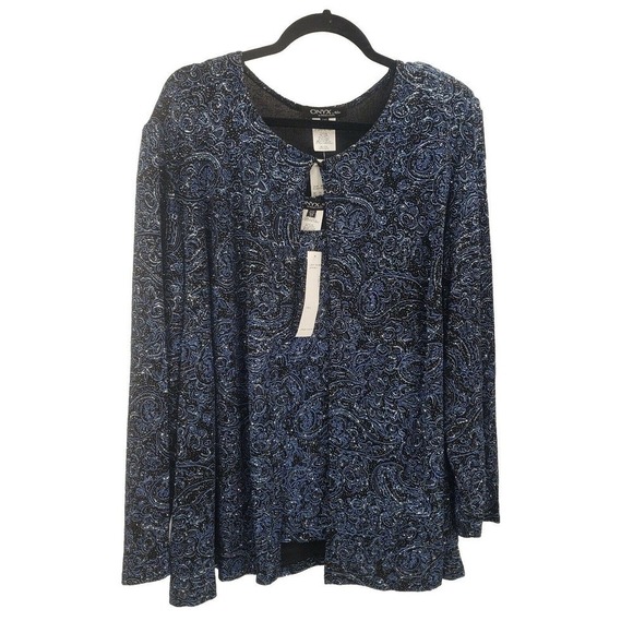 Onyx Nite Twinset Top Cardigan Womens 3x Black Blue Silver glitter Textured 2 Pc - Picture 1 of 12